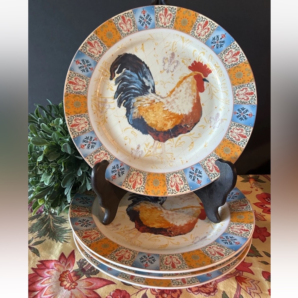 4 Canterbury Potteries French Country Rooster Dinner Plates 10.5" Excellent